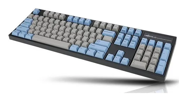 Leopold FC900R full-size mechanical keyboard with gray and blue keycaps