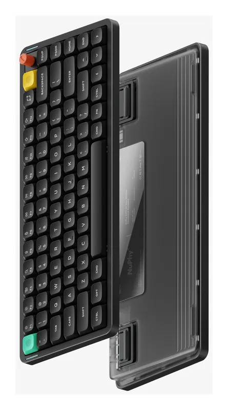 NuPhy Air75 V3 keyboard standing upright next to its translucent case