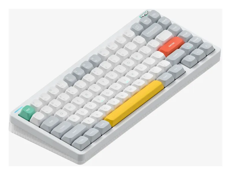 NuPhy Air75 V3 keyboard in a light gray colorway with orange and yellow keys