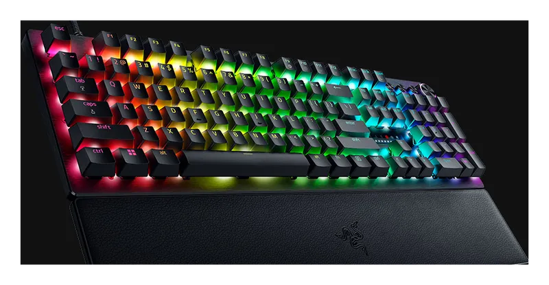 Razer Huntsman V3 Pro keyboard, angled view with RGB lighting