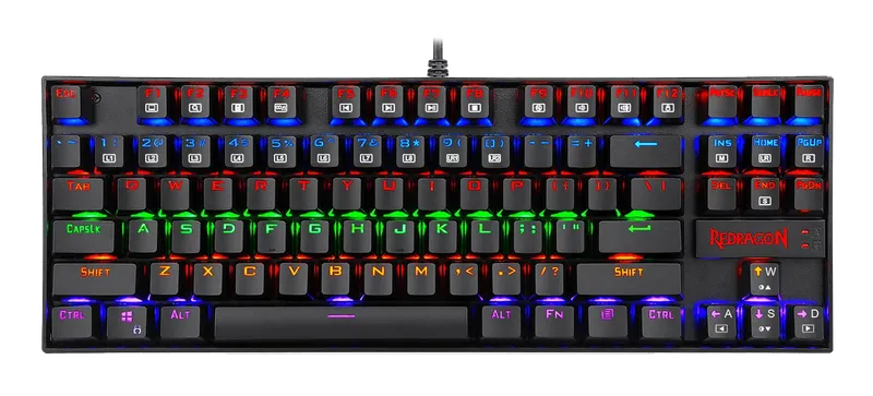 Redragon K552 Kumara keyboard, top view with RGB lighting