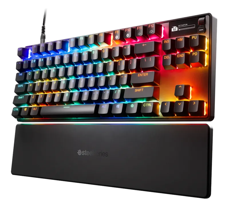 SteelSeries Apex Pro TKL Gen 3 keyboard with RGB lighting and magnetic wrist rest