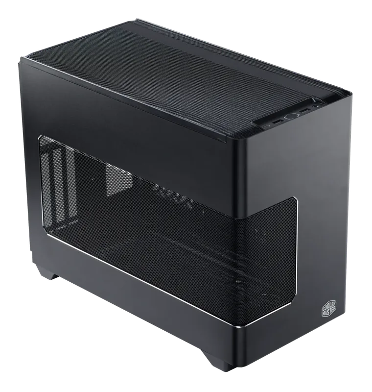 Cooler Master NR200P V3 case with a tinted glass side panel, angled view
