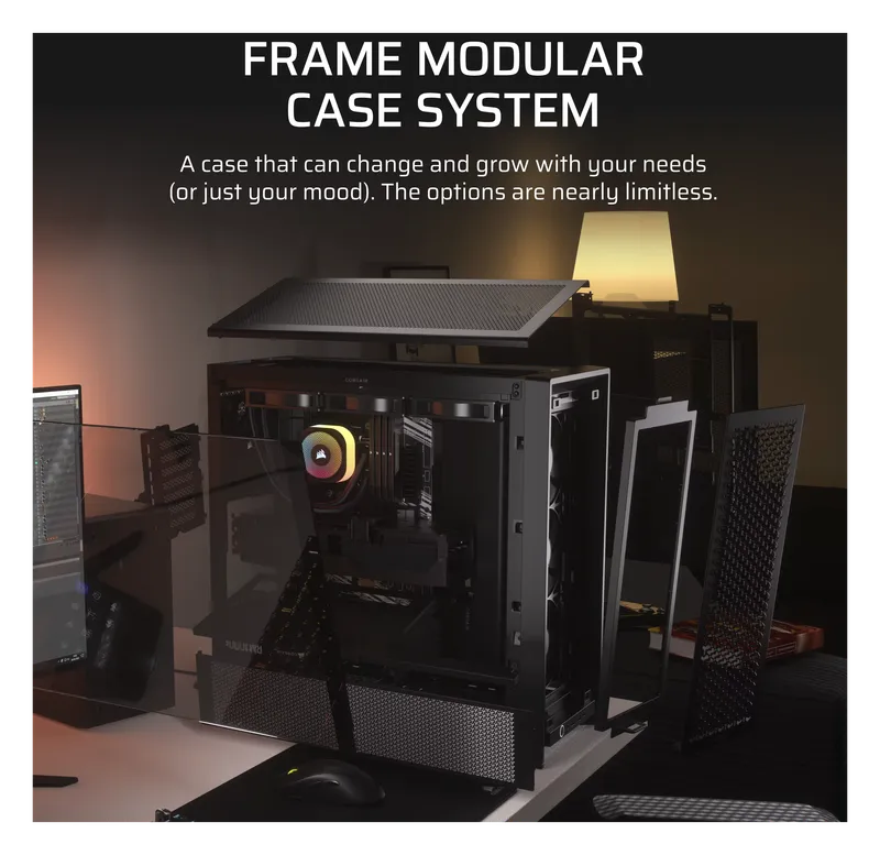 Corsair FRAME 4000D RS modular case system shown in a desk setup