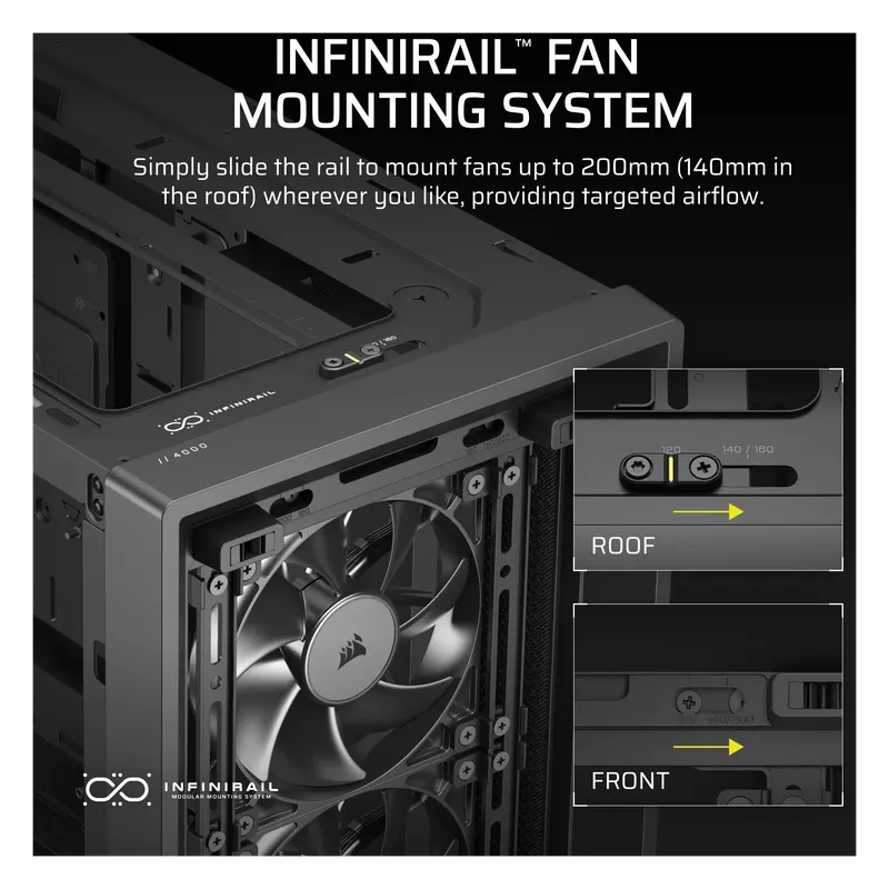 Corsair FRAME 4000D RS InfiniRail sliding fan mounts for the roof and front