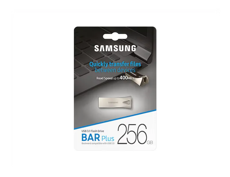 Samsung BAR Plus 256 GB USB flash drive in retail packaging