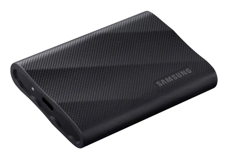 Samsung Portable SSD T9 in black, angled view