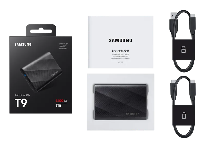 Samsung T9 portable SSD retail box with USB-C cables