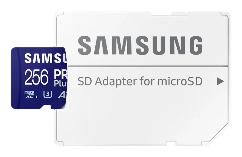 Samsung PRO Plus 256 GB microSD card with its SD adapter