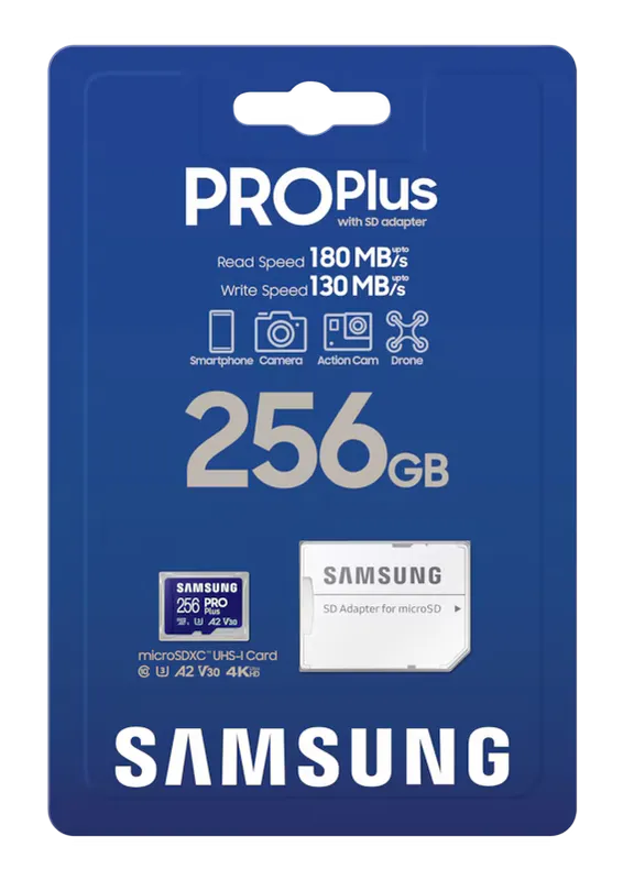 Samsung PRO Plus 256 GB microSD card in retail packaging