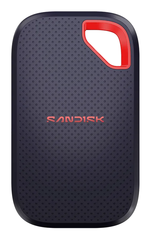 SanDisk Extreme Portable SSD V3 with its orange carabiner loop, front view