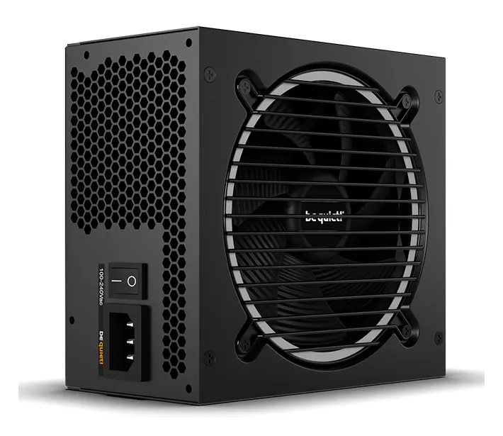 be quiet! Pure Power 13 M 850W power supply, angled view of the fan and power switch