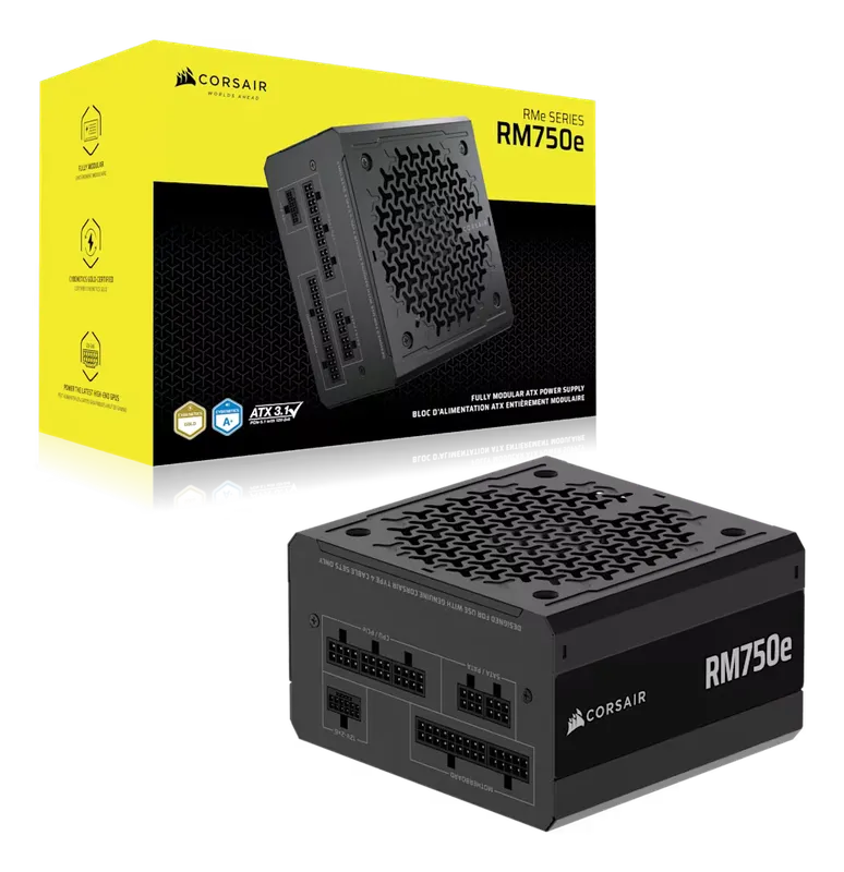 Corsair RM750e power supply with its retail box
