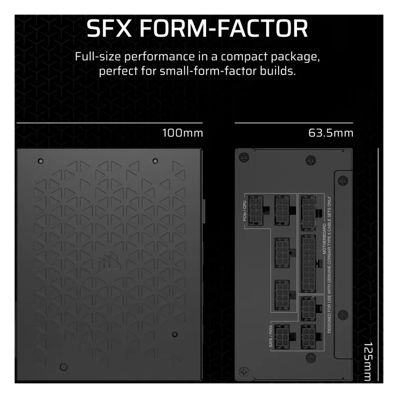 Corsair SF750 SFX dimensions: 100 mm by 63.5 mm by 125 mm
