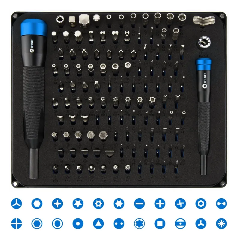 iFixit Manta Driver Kit's 112 bits with bit type icons