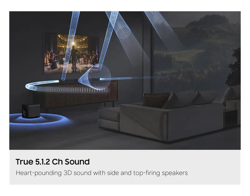 Samsung HW-Q800H 5.1.2-channel 3D sound illustrated in a living room