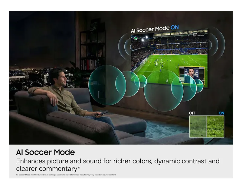 Samsung QN70H TV AI Soccer Mode enhancing a soccer match in a living room