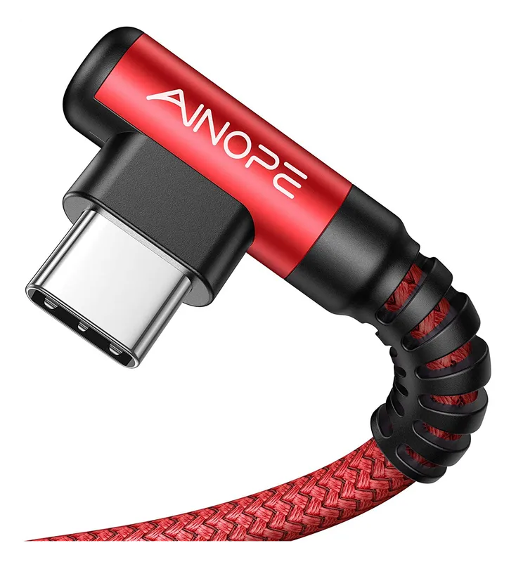 AINOPE right-angle USB-C cable in red braided nylon, close-up of the 90° plug