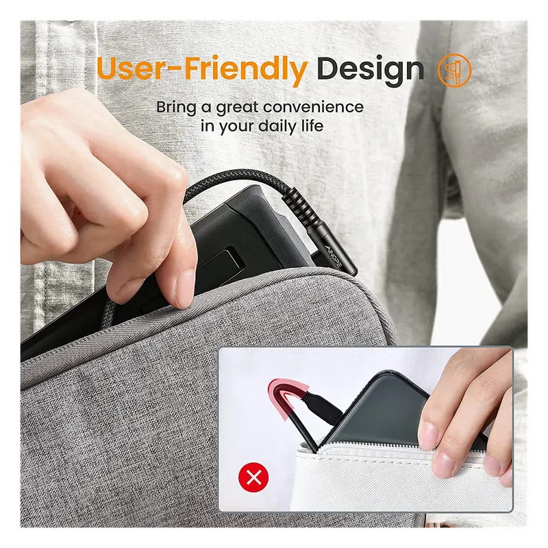 AINOPE right-angle USB-C cable charging a phone in a pocket
