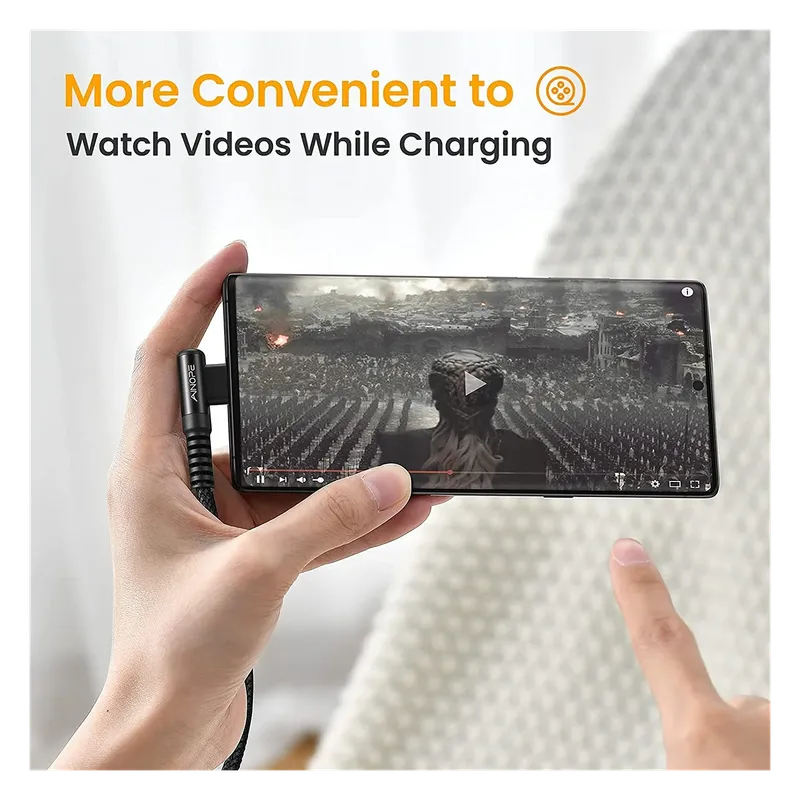 AINOPE right-angle USB-C cable charging a phone while watching videos