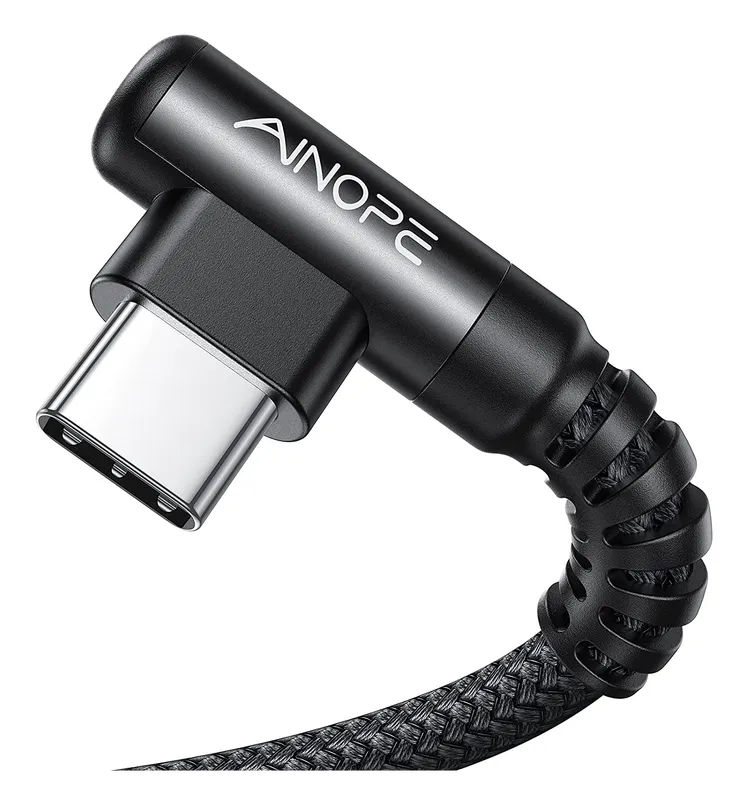 AINOPE right-angle USB-C cable in black braided nylon, close-up of the 90° plug