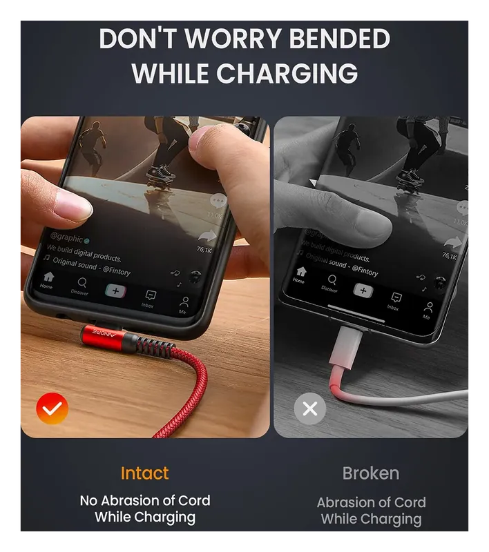 AINOPE right-angle cable versus a straight cable fraying while charging
