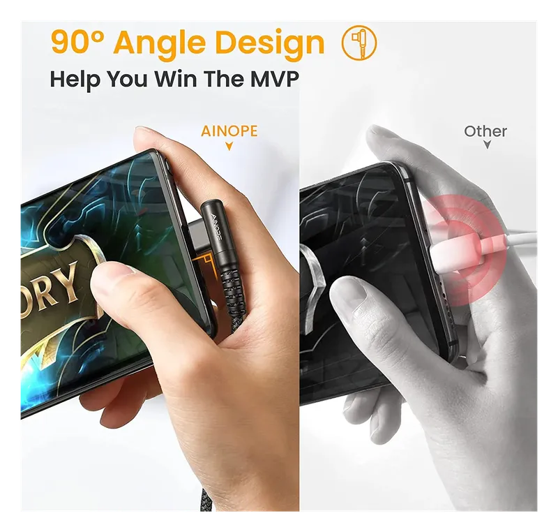AINOPE right-angle USB-C cable staying clear of the hand while gaming
