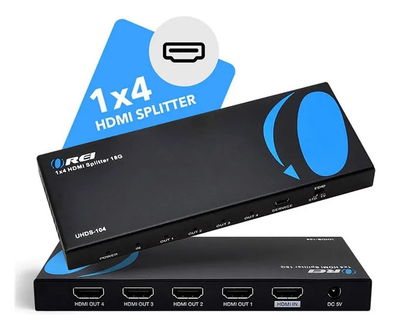 OREI UltraHD 1x4 HDMI Splitter UHDS-104 in black, angled view of the four HDMI outputs