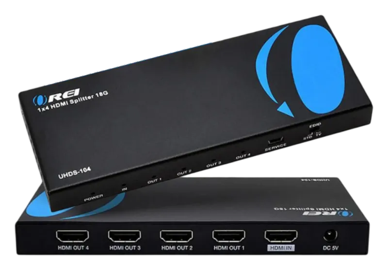 OREI UHDS-104 HDMI splitter, front view showing its labeled input and output ports
