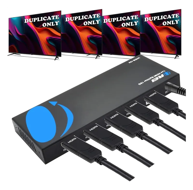 OREI HDMI splitter connected by cables to four TVs all showing the same picture