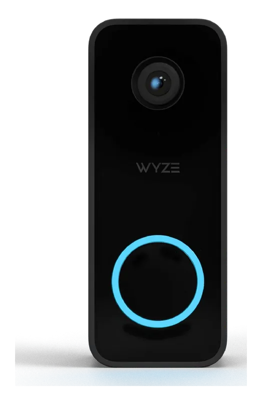 Wyze Video Doorbell v2 in black with a lit blue button