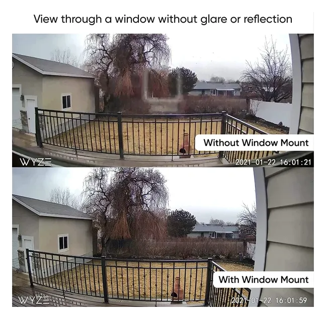 Wyze Window Mount comparison: window glare without the mount, clear view with it