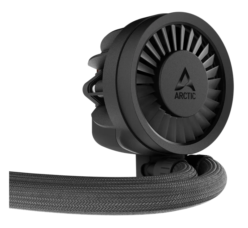Close-up of the Arctic Liquid Freezer III Pro pump head with VRM fan
