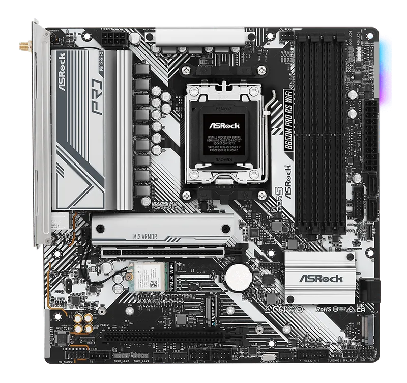 ASRock B650M Pro RS WiFi micro-ATX motherboard in white and silver