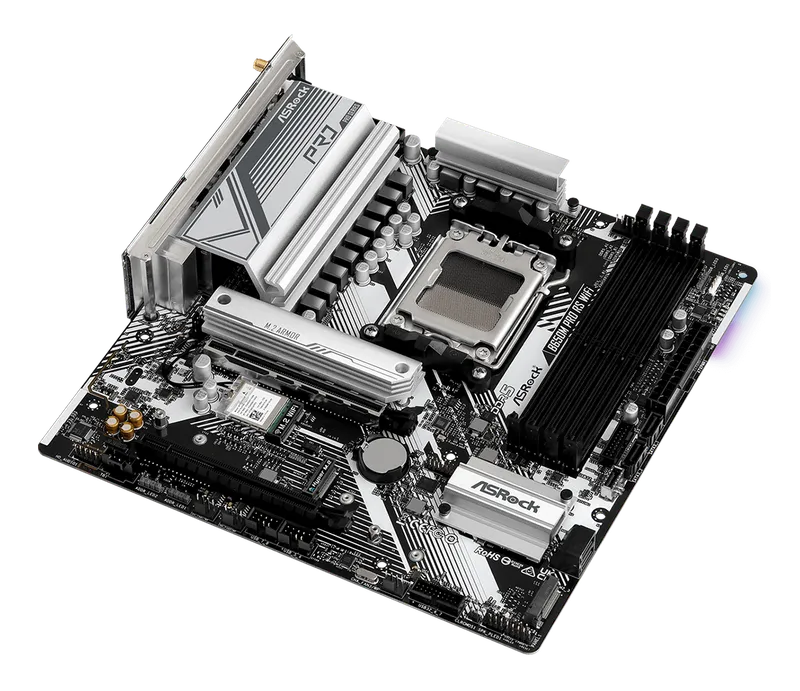 ASRock B650M Pro RS WiFi motherboard, angled view