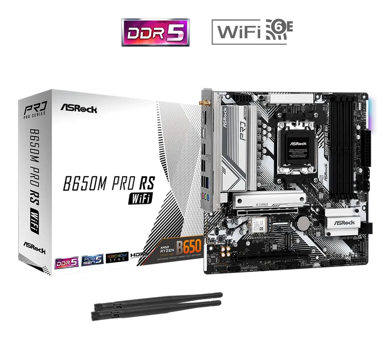ASRock B650M Pro RS WiFi motherboard with retail box and antennas