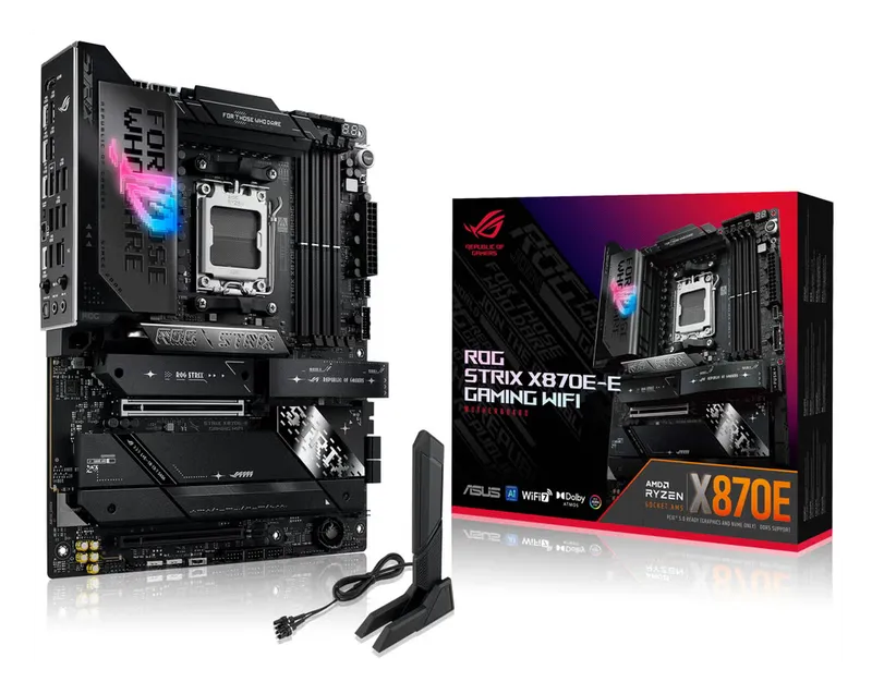 ASUS ROG Strix X870E-E Gaming WiFi motherboard with retail box and antenna