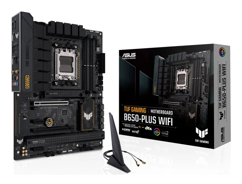 ASUS TUF Gaming B650-Plus WiFi motherboard with retail box and antenna