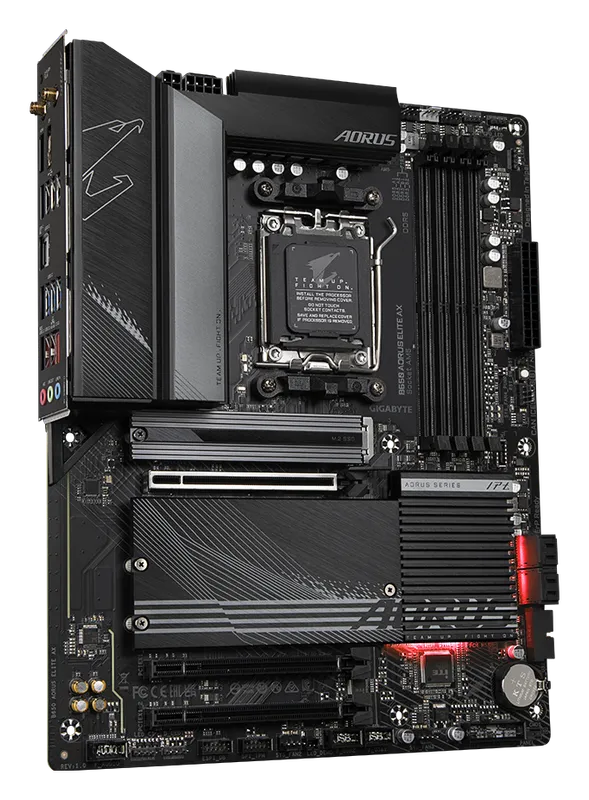 Gigabyte B650 Aorus Elite AX motherboard, angled view
