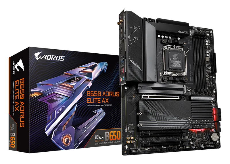 Gigabyte B650 Aorus Elite AX motherboard with retail box