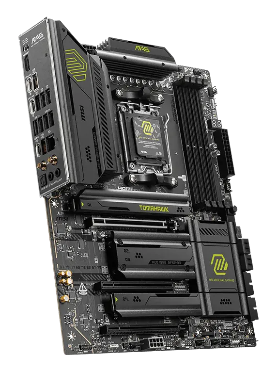MSI MAG X870E Tomahawk WiFi motherboard, angled view