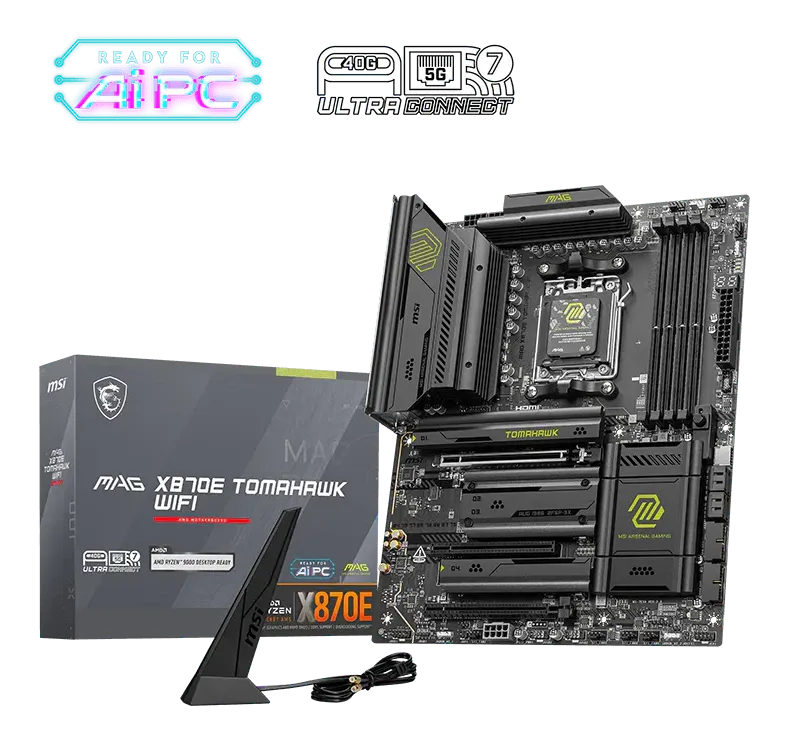 MSI MAG X870E Tomahawk WiFi motherboard with retail box and Wi-Fi antenna