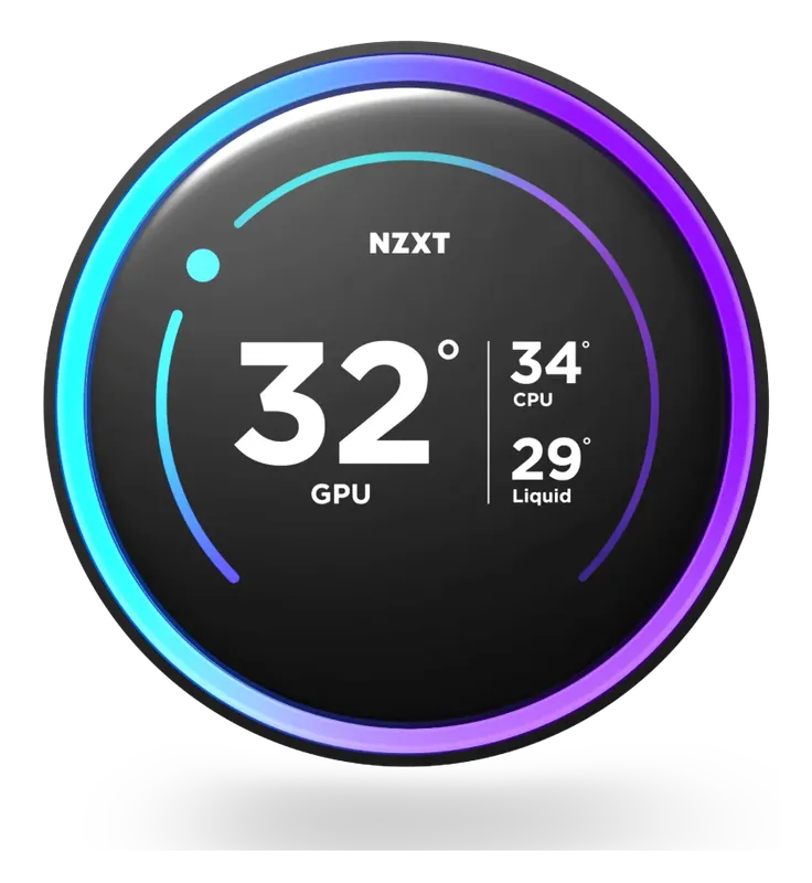 NZXT Kraken Elite LCD showing GPU, CPU and liquid temperatures