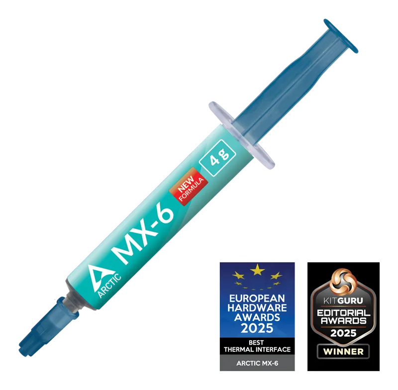 Arctic MX-6 4 g thermal paste syringe with award badges