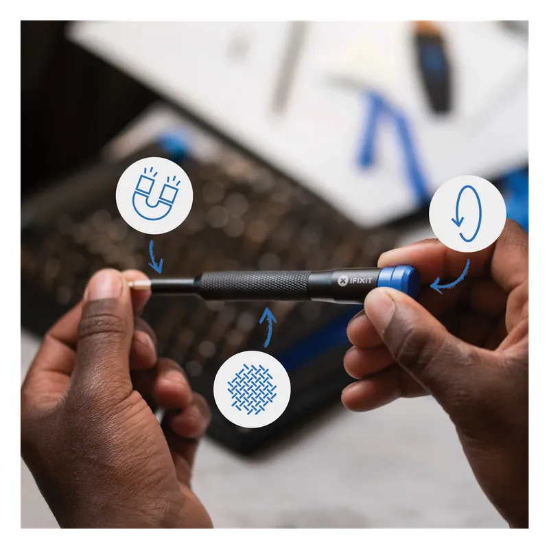 iFixit precision driver's magnetic, knurled and swivel-cap features