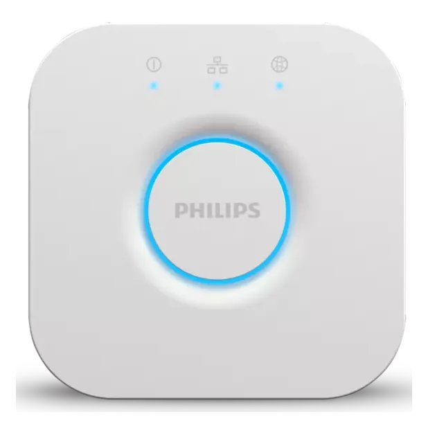 Philips Hue Bridge in white with blue status lights