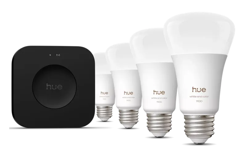 Hue Bridge Pro Starter Kit: black Bridge Pro and four white A19 smart bulbs