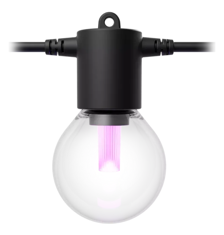 Close-up of a Hue Festavia globe bulb glowing pink in its black socket