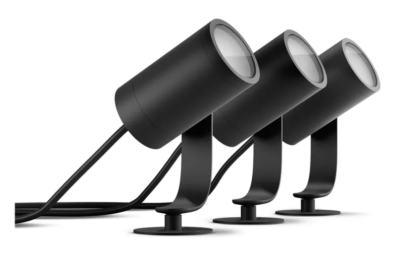 Three Hue Lily outdoor spotlights in black, unlit