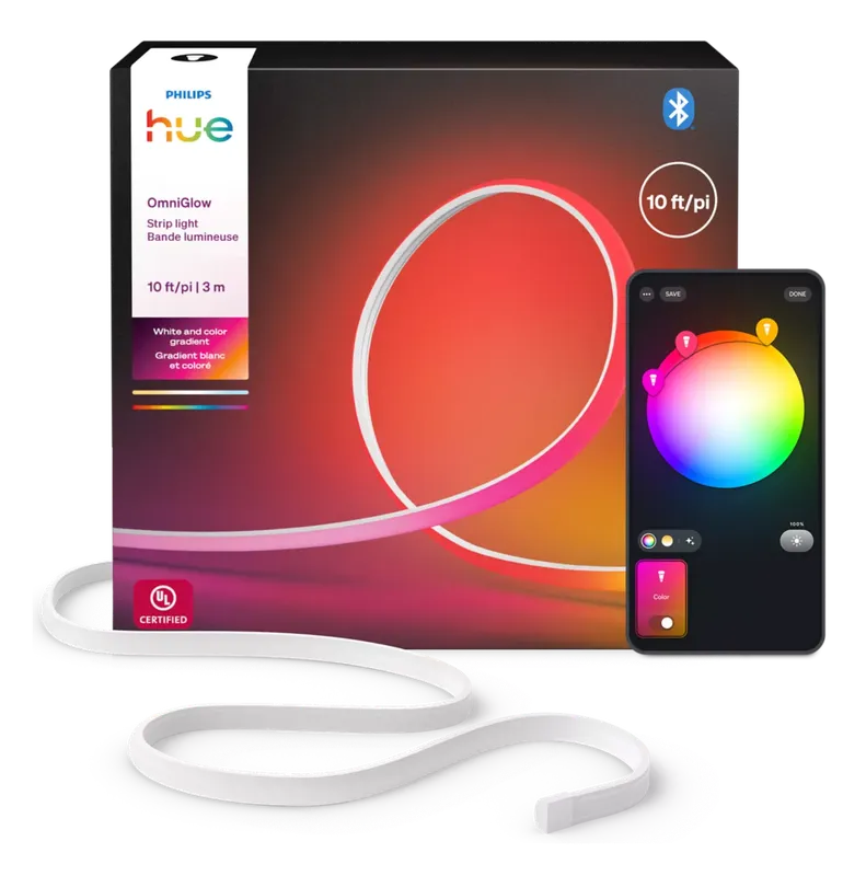 Philips Hue OmniGlow 10 ft Lightstrip retail box and app